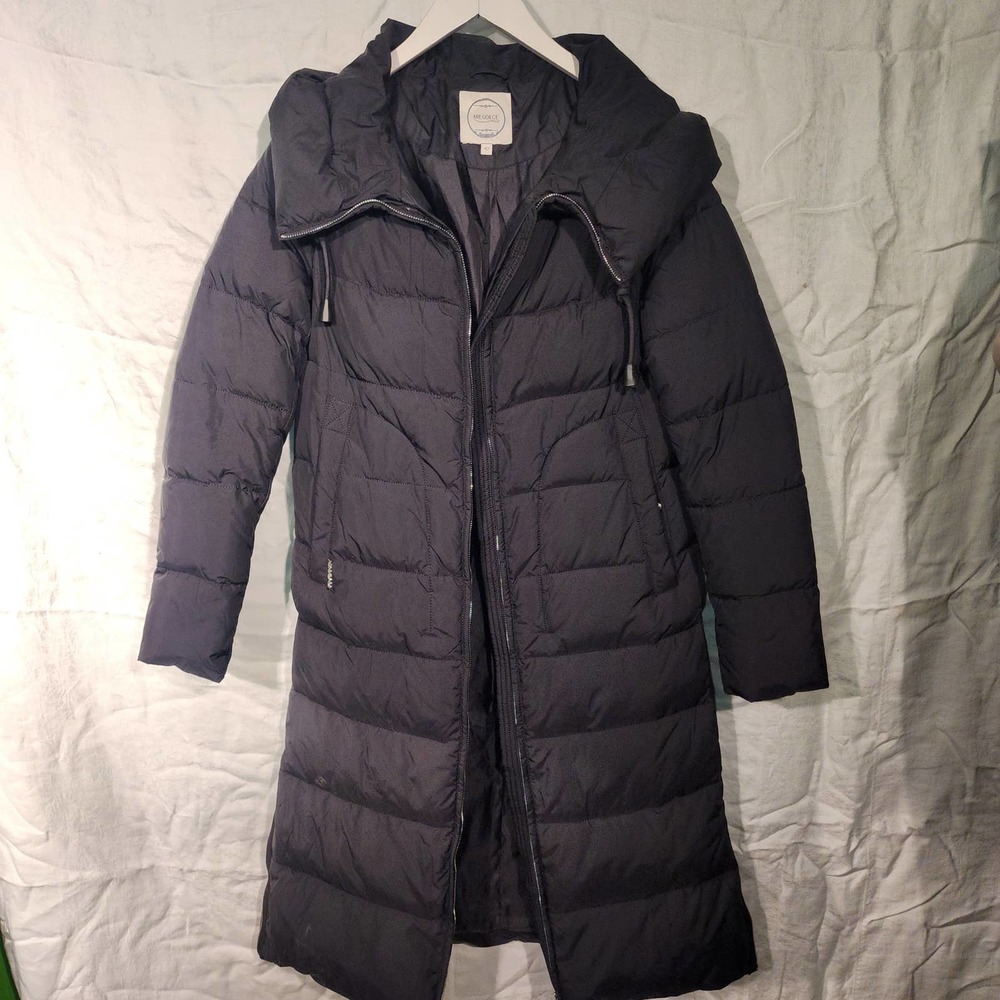 MIEGOFCE sz 42/Small black long down filled parka hood zip front sides